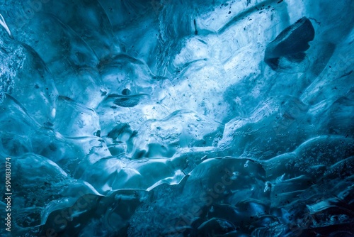 Light coming through Blue Dragon ice cave ceiling, Iceland