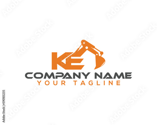 Letter KE Building With Excavator Logo Design Concept. Creative Excavators, Construction Machinery Special Equipment Vector Illustration.