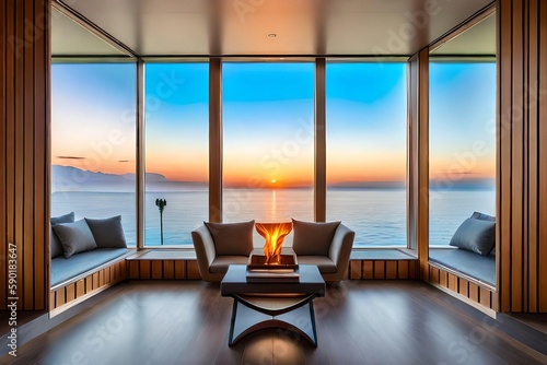 A room with a fireplace and a view of the ocean