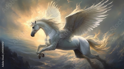 white horse in the blue  white pegasus in heaven  generative ai