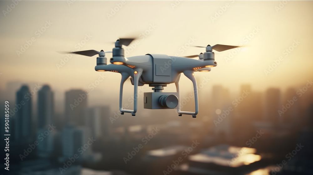 flying drone delivers a package in city, sunset over the city, generative ai flying drone delivers a package in city, sunset over the city, generative ai