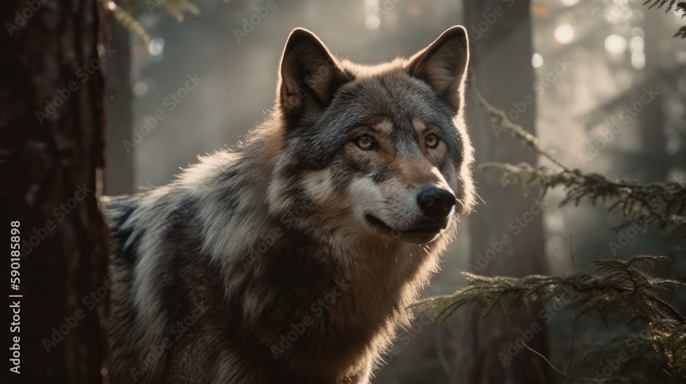 wolf on a meadow, wolf in a misty conifers wood, generative ai