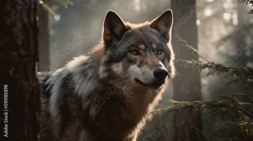 wolf on a meadow  wolf in a misty conifers wood  generative ai