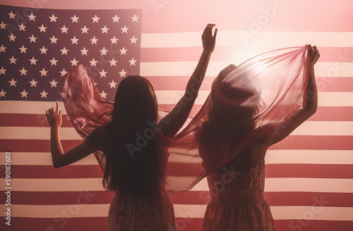 photo two women hold american flag to celebrate 4th of july, solarization effect style, y2k aesthetic, photorealistic hyperbole, cutout silhouettes, image created with ai photo