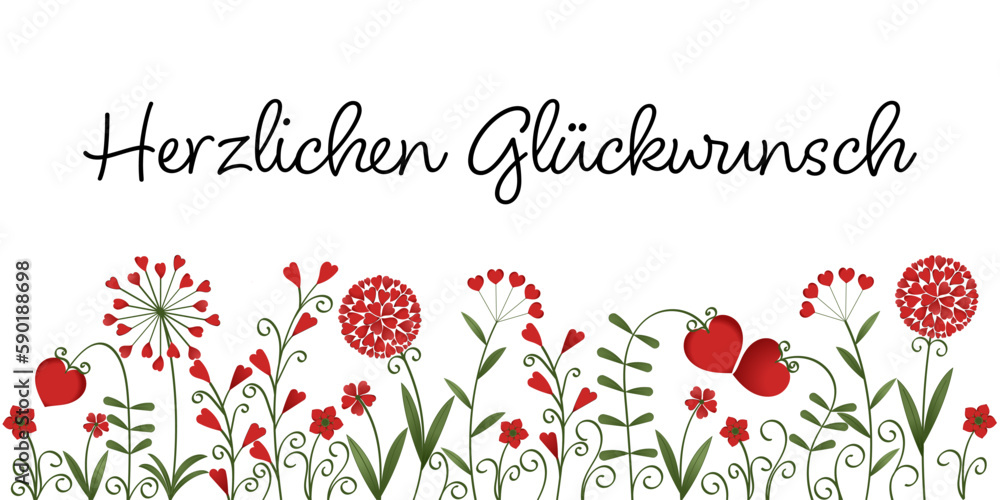 Herzlichen Glückwunsch, Text in deutsch. Vektor-Banner mit Blumen aus ...
