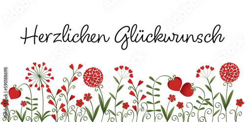 Herzlichen Glückwunsch, Text in deutsch. Vektor-Banner mit Blumen aus roten Herzen für Geburtstagsgrüße.