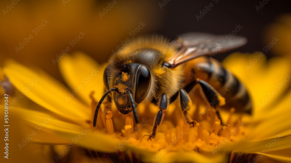 bee on flower, closeup of bee sitting on yellow flower, generative ai bee on flower, closeup of bee sitting on yellow flower, generative ai