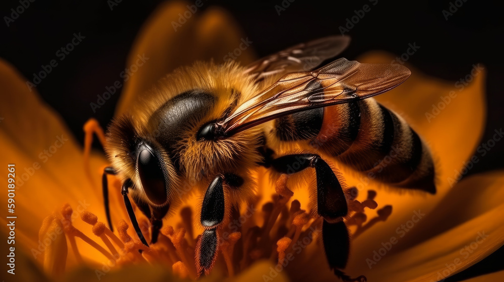bee on flower, closeup of bee sitting on yellow flower, generative ai bee on flower, closeup of bee sitting on yellow flower, generative ai