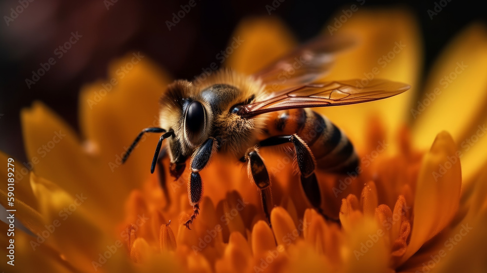 bee on flower, closeup of bee sitting on yellow flower, generative ai bee on flower, closeup of bee sitting on yellow flower, generative ai