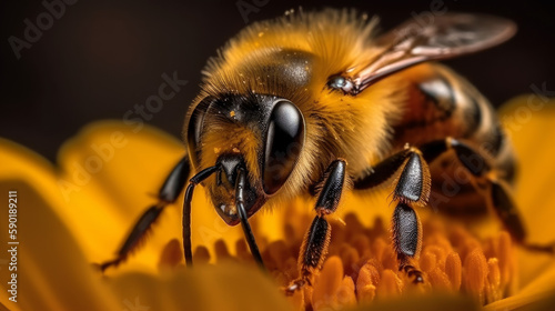 bee on flower, closeup of bee sitting on yellow flower, generative ai