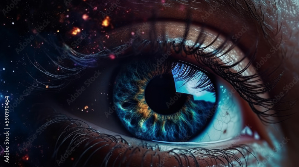 Eye look like nebula, space in eye, closeup, generative ai Eye look like nebula, space in eye, closeup, generative ai