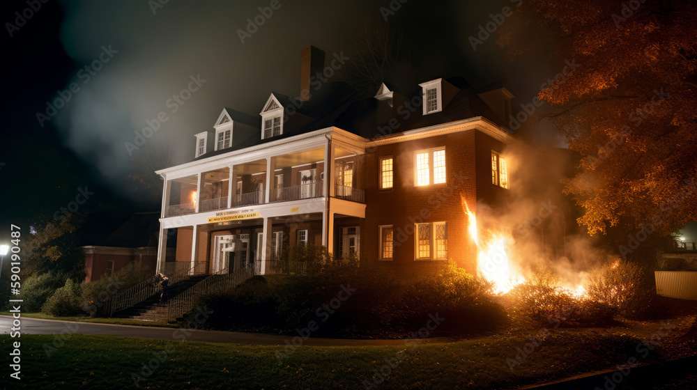 Fire at university at night, house on fire, generative ai Fire at university at night, house on fire, generative ai