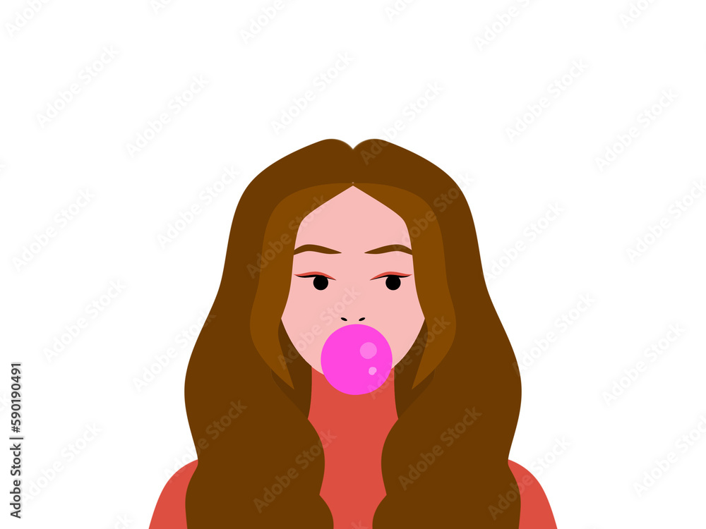 Illustration of a girl in orange clothing and brown hair. Girl and chewing gum. Adhesive for collages. Illustration of a girl in orange clothing and brown hair. Girl and chewing gum. Adhesive for collages.