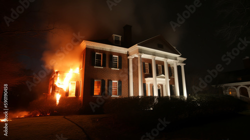 Fire at university at night, house on fire, generative ai © TheGoldTiger