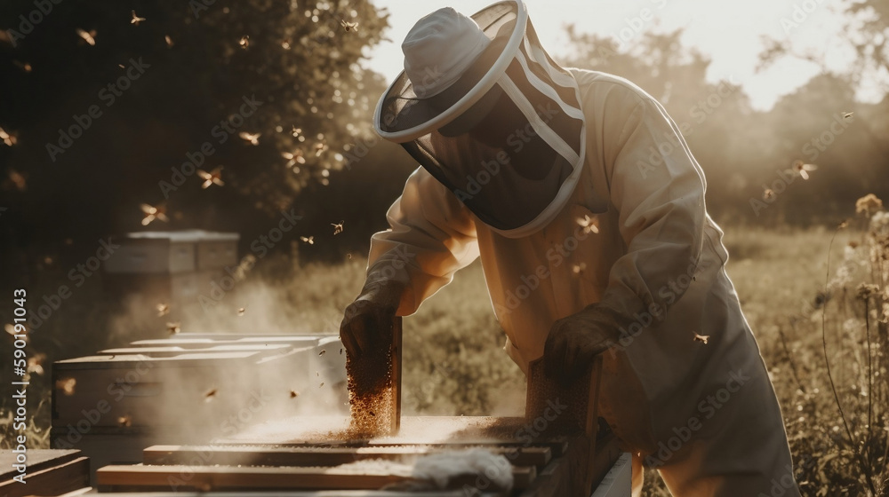 The beekeeper takes care of the bees. Created using generative AI. The beekeeper takes care of the bees. Created using generative AI.