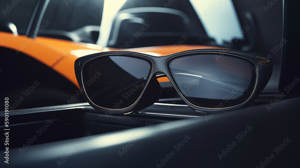 Black framed glasses with sport car in background, generative ai