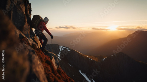 A climber rests on a mountain. Created using generative AI.