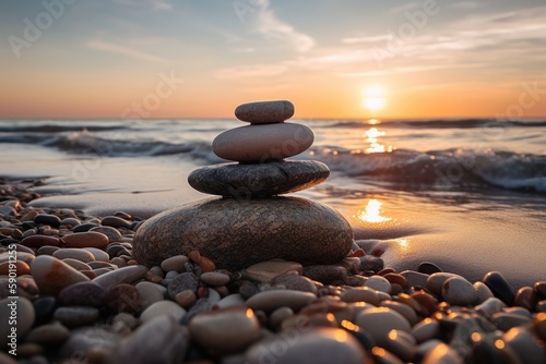 Stack of pebbles stones on the beach in the sunrise morning  Life balance  and a mind peaceful concept. Generative AI