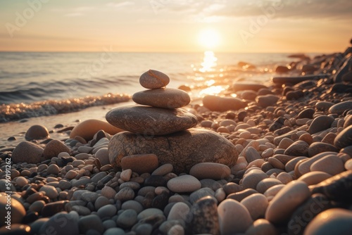 Stack of pebbles stones on the beach in the sunrise morning, Life balance, and a mind peaceful concept. Generative AI