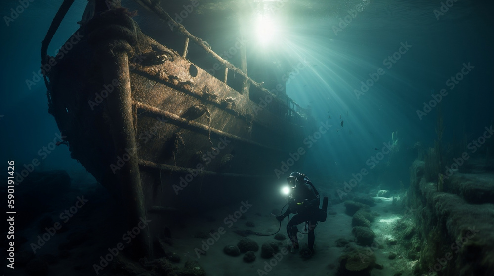 Shipwreck under the sea. Created using generative AI. Shipwreck under the sea. Created using generative AI.