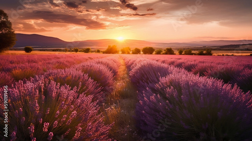 Lavender field at sunset. Created using generative AI.