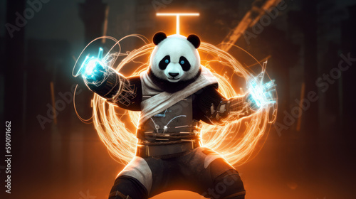 Cyberpunk panda wearing metal armor in fighting pose and neon lights, generative ai © TheGoldTiger