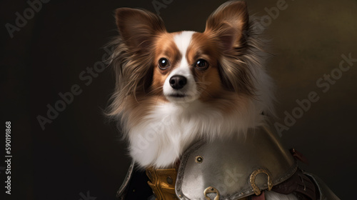 Papillon dog in a medieval armor, generative ai