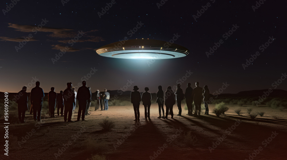 Naklejka premium Humans lined up under a ufo, flying saucer with people under it, generative ai