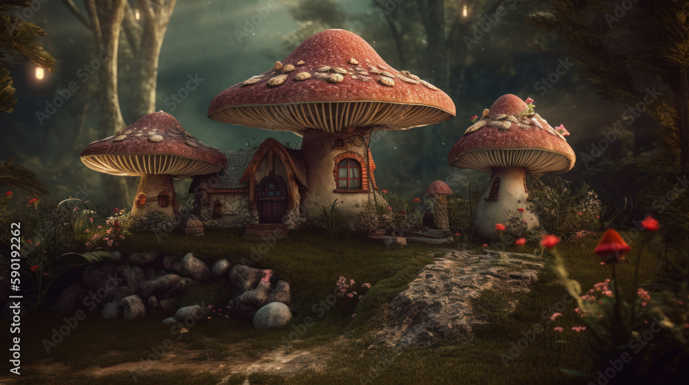 Fototapeta premium Pretty little faires flying around toadstool mushrooms, generative ai