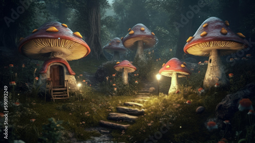 Pretty little faires flying around toadstool mushrooms, generative ai © TheGoldTiger