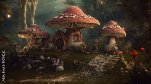 Pretty little faires flying around toadstool mushrooms, generative ai
