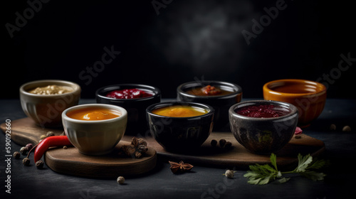 Small black bowls with different color sauces, generative ai