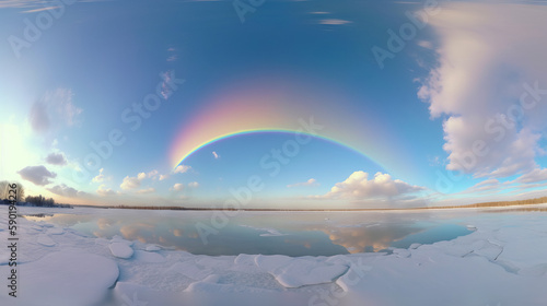 Sky mirror frozen lake with colorful rainbow above, generative ai
