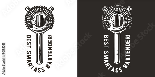 Bartender design with strainer for bartending. Chromed metal equipment or cocktail bar tool for barman.