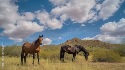 Three wild mustangs on a meadow with sky and clouds above heads  generative ai