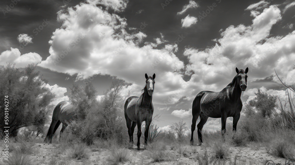 Three wild mustangs on a meadow with sky and clouds above heads, generative ai Three wild mustangs on a meadow with sky and clouds above heads, generative ai