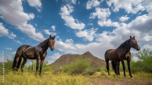 Three wild mustangs on a meadow with sky and clouds above heads  generative ai