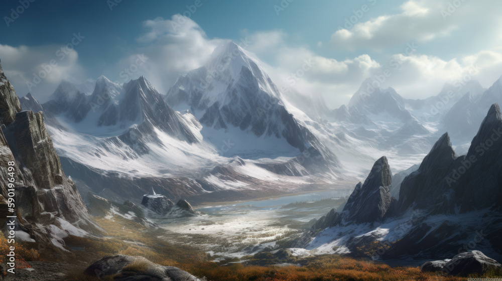 Obraz premium Towering peaks adorned in snow and ice, high mountain summits, generative ai