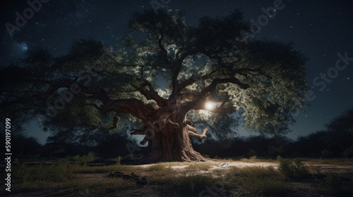 Huge tree with soft light under the night sky, generative ai © TheGoldTiger