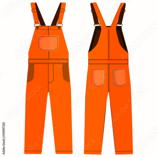 orange overalls for work-wear or uniform design isolated on white background, front and back view,  vector illustration.