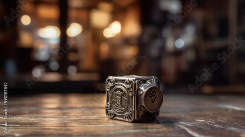 Metal dice with multiple sides looks like fantasy stone, generative ai
