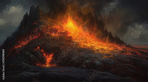Volcanic throne with glowing lava around  volcano eruption  generative ai