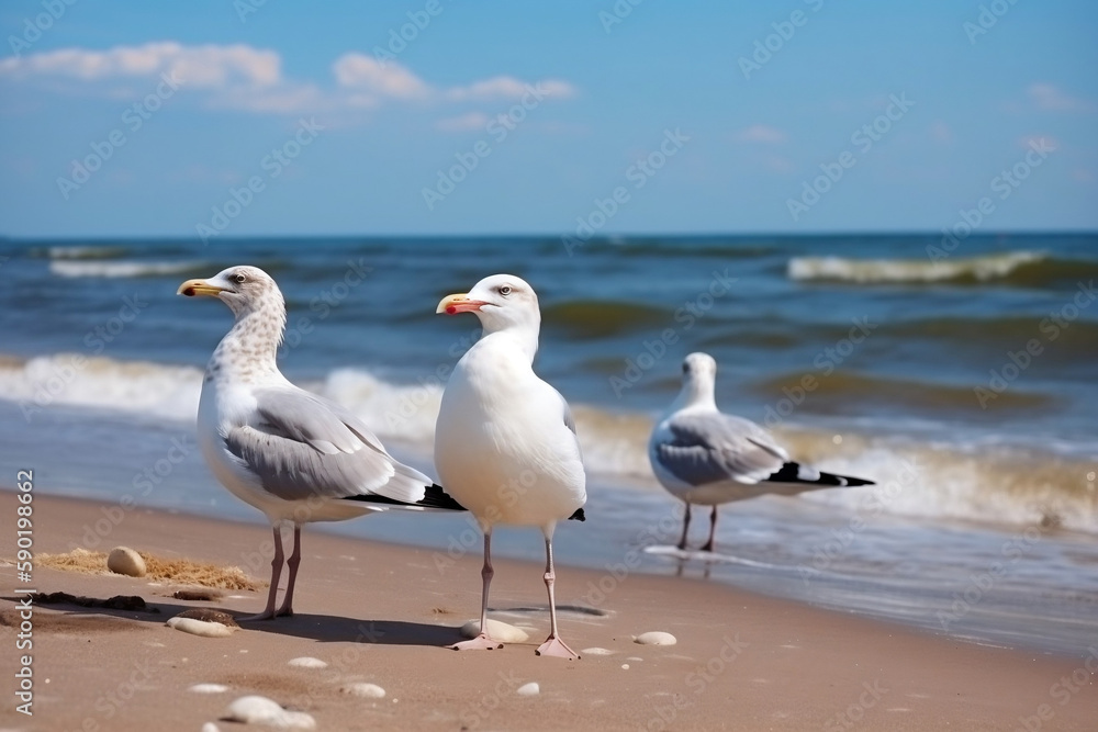 Seagulls On The Beach Against The Background Of The Sea, Summer Day, Made Using Generative Ai