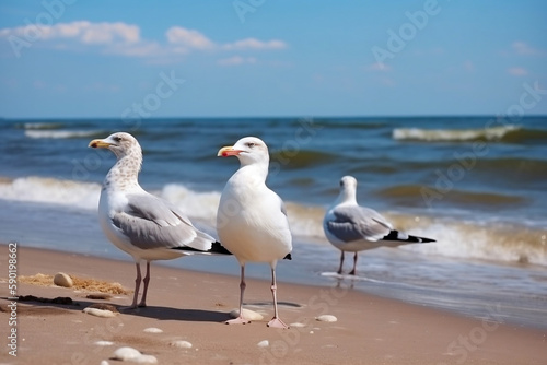 Seagulls On The Beach Against The Background Of The Sea, Summer Day, Made Using Generative Ai