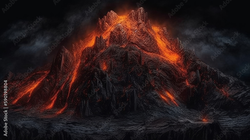 Volcanic throne with glowing lava around, volcano eruption, generative ai