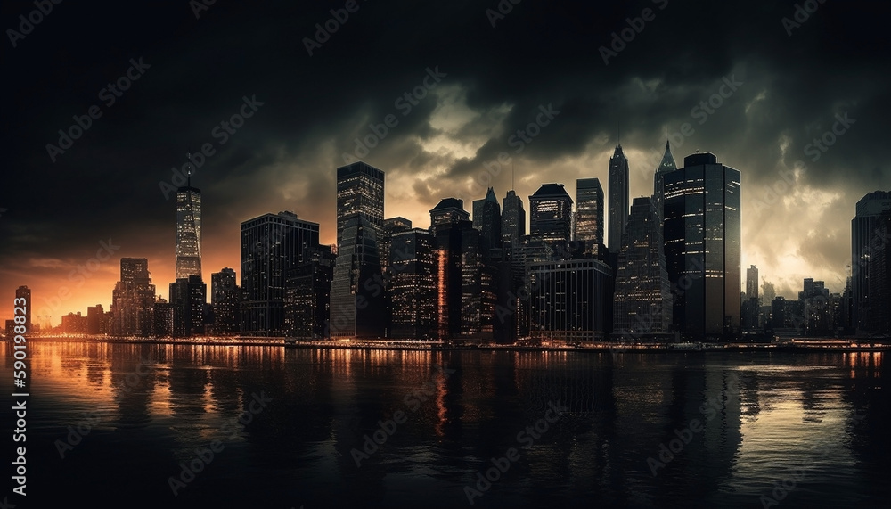 City scape in silhouette with ocean Generative AI City scape in silhouette with ocean Generative AI