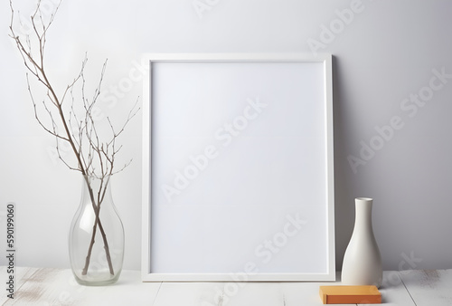 Minimalist Elegance: Blank White Frame, Flowerpot, Vase, Wooden Table, Light Gray, Flat Shading, Framing, Graphic Designer's Dream