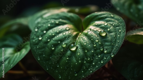 Watermelon peperoma leaves with rain drops on top of it, generative ai
