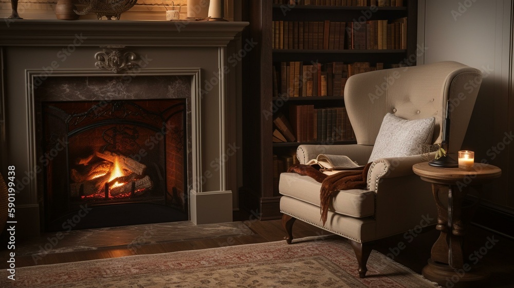 A comfortable reading nook with a plush armchair and a stack of books, nestled in front of a cozy fireplace. Generative AI A comfortable reading nook with a plush armchair and a stack of books, nestled in front of a cozy fireplace. Generative AI