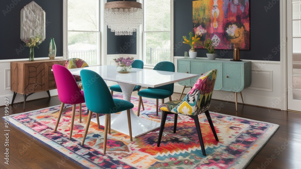 Obraz premium A colorful and eclectic dining room with mismatched chairs and a bold patterned rug, perfect for entertaining. Generative AI